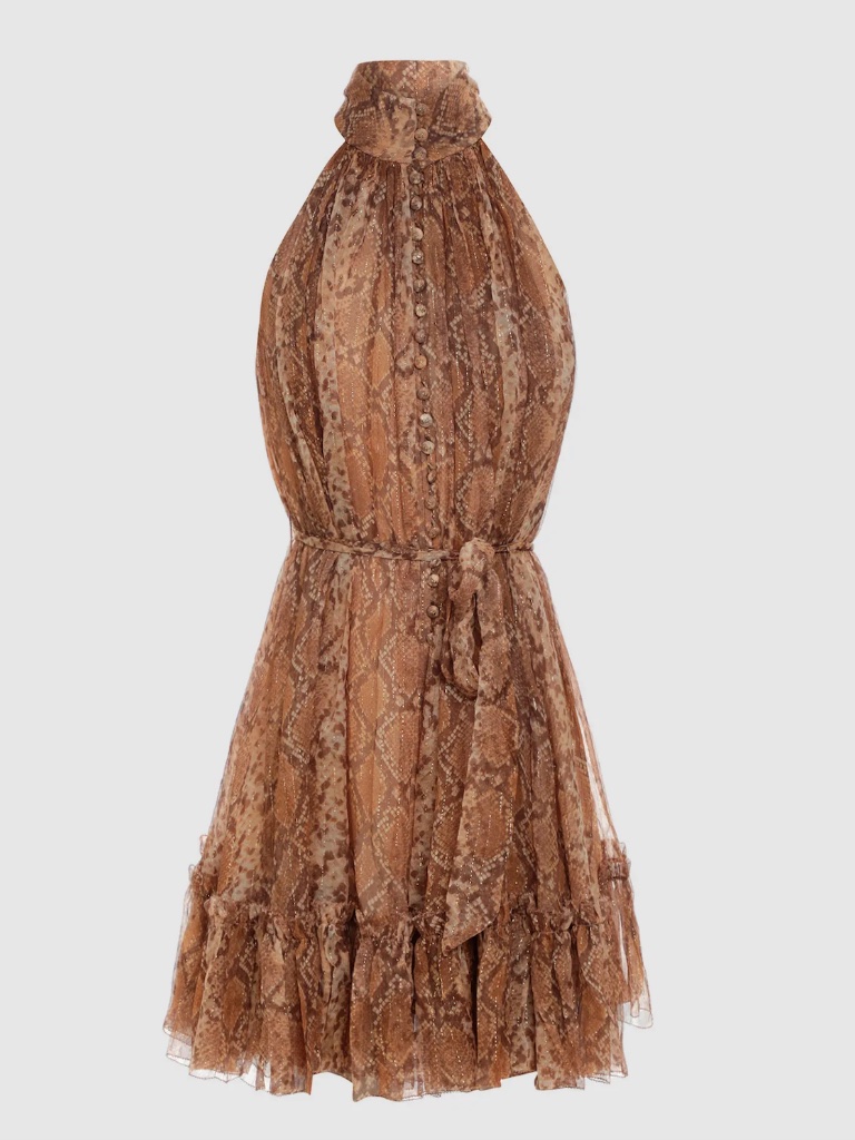 Zimmermann Botanica Python Gold Swing Midi Dress With Ruffle Neck Sz 2